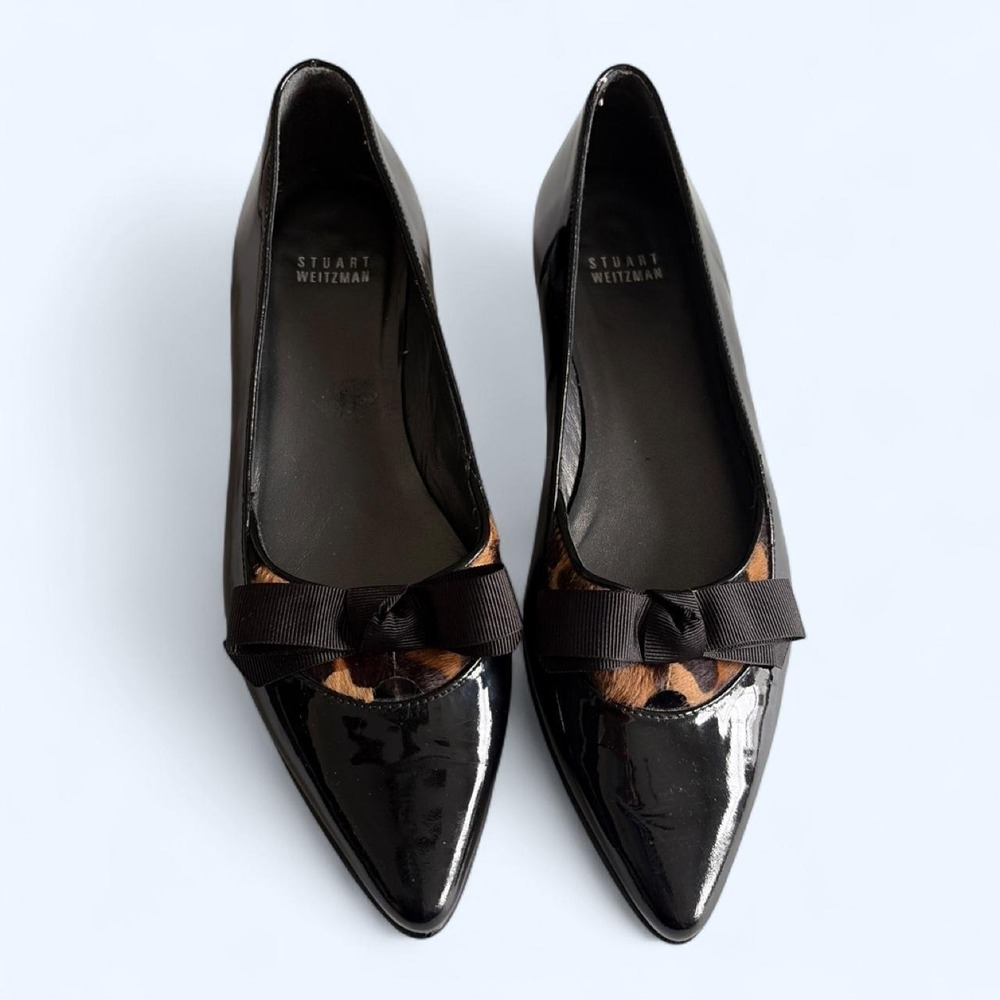 Stuart Weitzman black patent leather leopard calf hair bow flats size 8